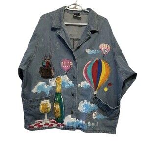 Sport Deco Painted Denim Jacket Size XL Balloons + Champagne 90s Vintage Artwear